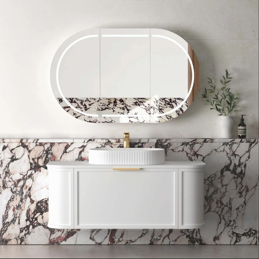 HAMPSHIRE 1200MM SATIN WHITE WALL HUNG CURVE VANITY