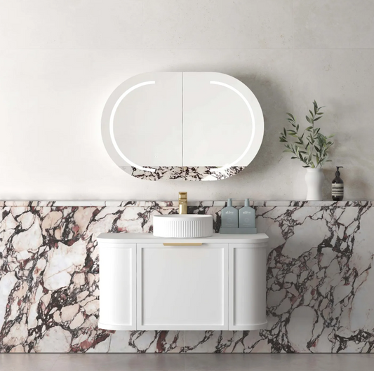 HAMPSHIRE 900MM SATIN WHITE WALL HUNG CURVE VANITY