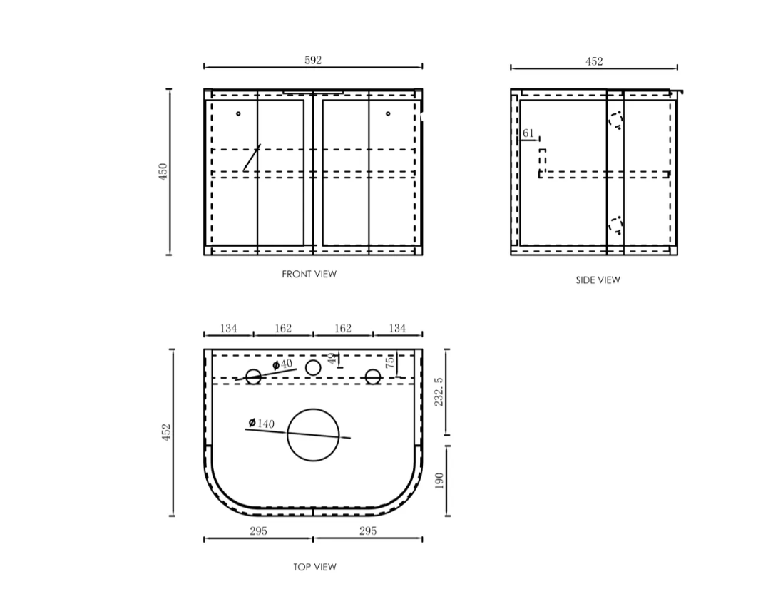 HAMPSHIRE 600MM SATIN WHITE WALL HUNG CURVE VANITY