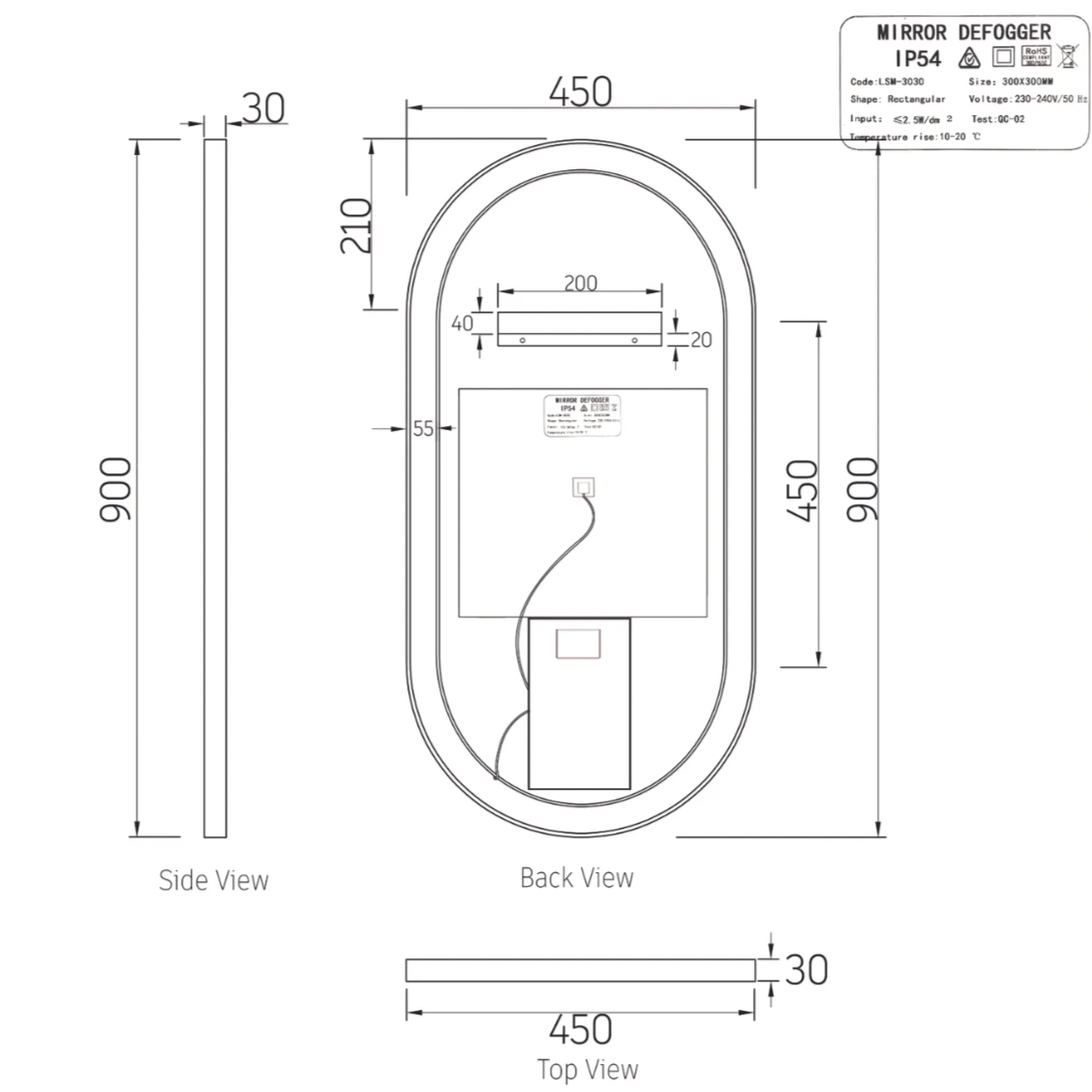 NOOSA FRAMED LED MIRROR BLACK 900X450 *ANTI-FOG