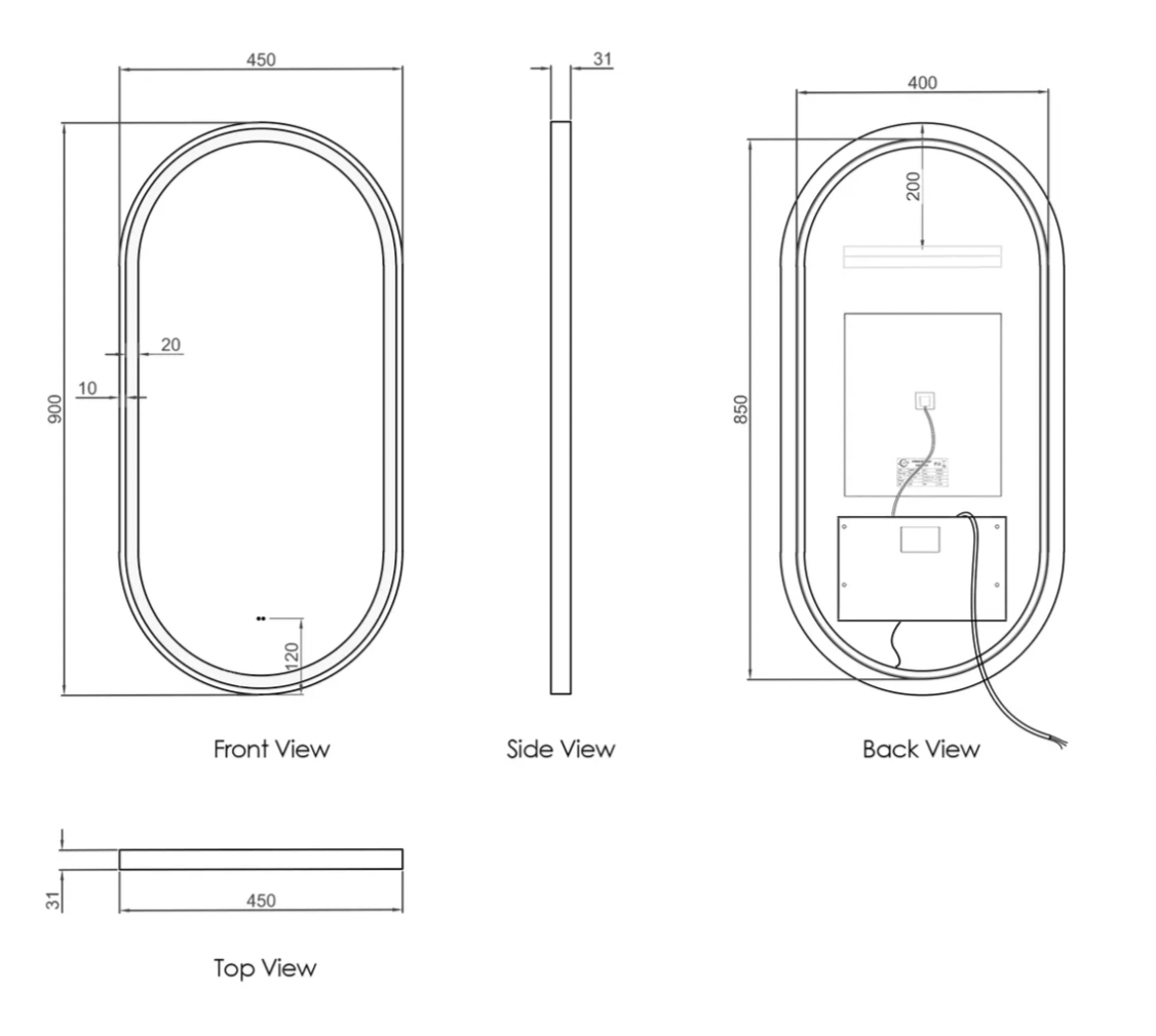 BRIGHTON LED BLACK METAL FRAME OVAL TUFFI GLASS MIRROR 900X450MM*ANTI FOG