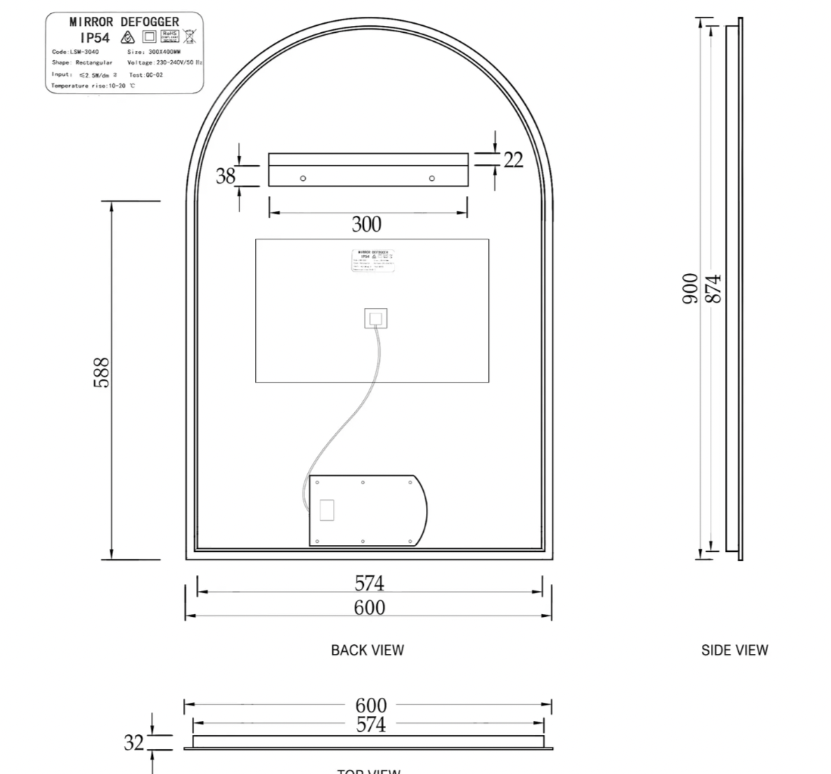 LED ARCHIE MIRROR 900X600 ANTI-FOG