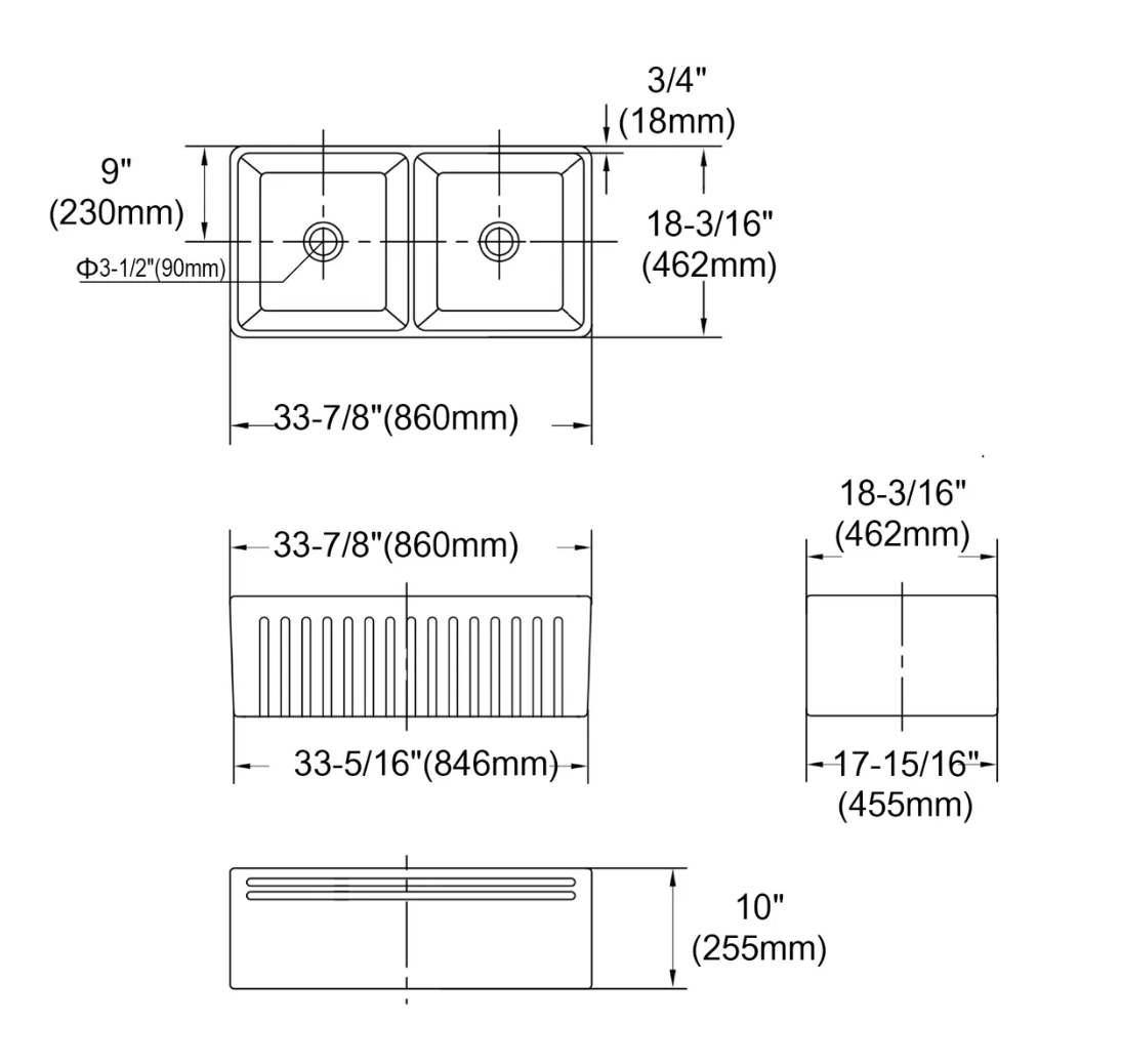 BOSTON DOUBLE BUTLER SINK 860X462X255