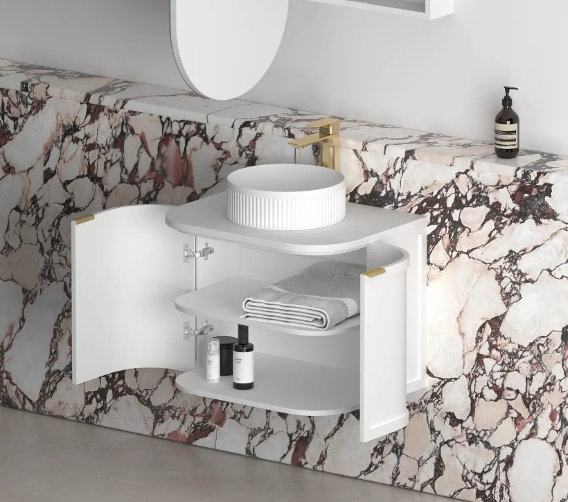 HAMPSHIRE 600MM SATIN WHITE WALL HUNG CURVE VANITY