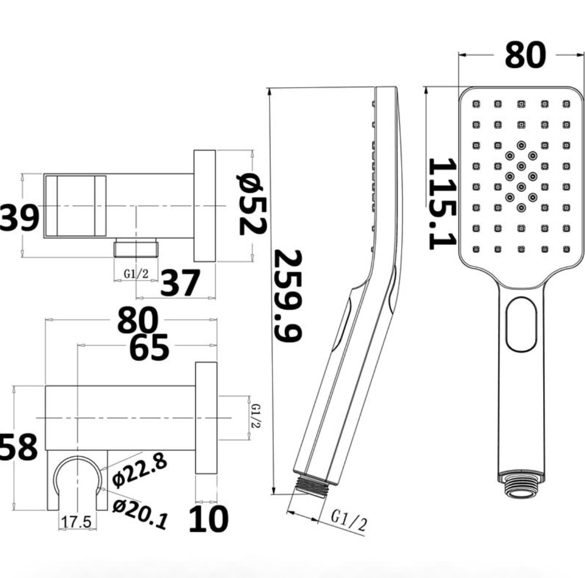 EDEN SQUARE HAND SHOWER ON WALL OUTLET BRACKET CHROME - PSH037-1