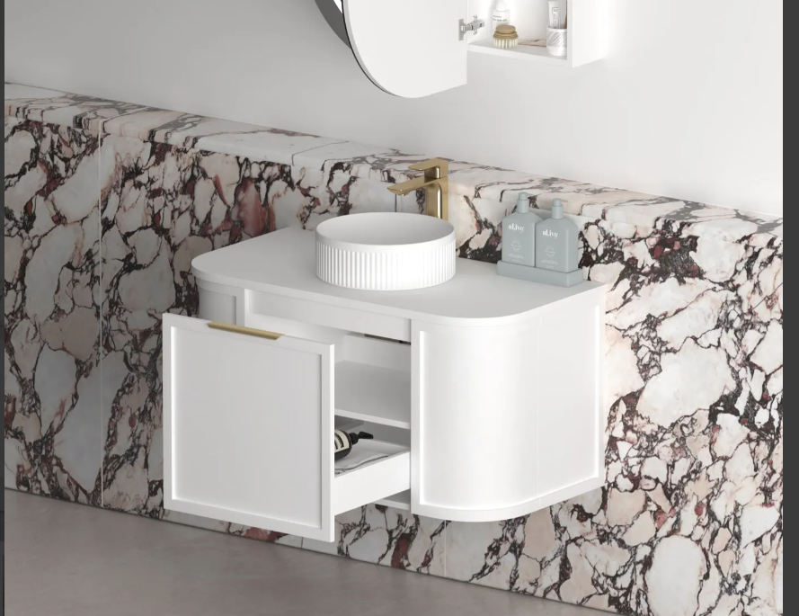 HAMPSHIRE 900MM SATIN WHITE WALL HUNG CURVE VANITY